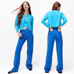 NWT Zara Blue Corduroy Wide Leg High Waist Full Length Pants Size 12